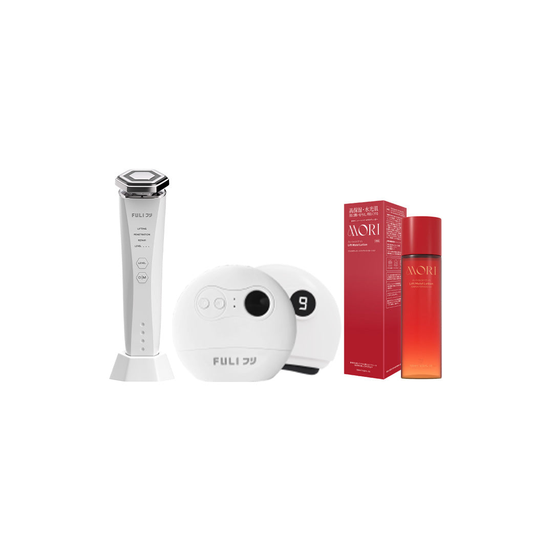 เซตผิวเด็กหน้าตึงยกกระชับ | FULI Natural Stone Electric Gua Sha + Re-Aging Intelligent Ultra RF/EMS Skin Tightening Device + MORI Astaxanthin Lift Moist Lotion