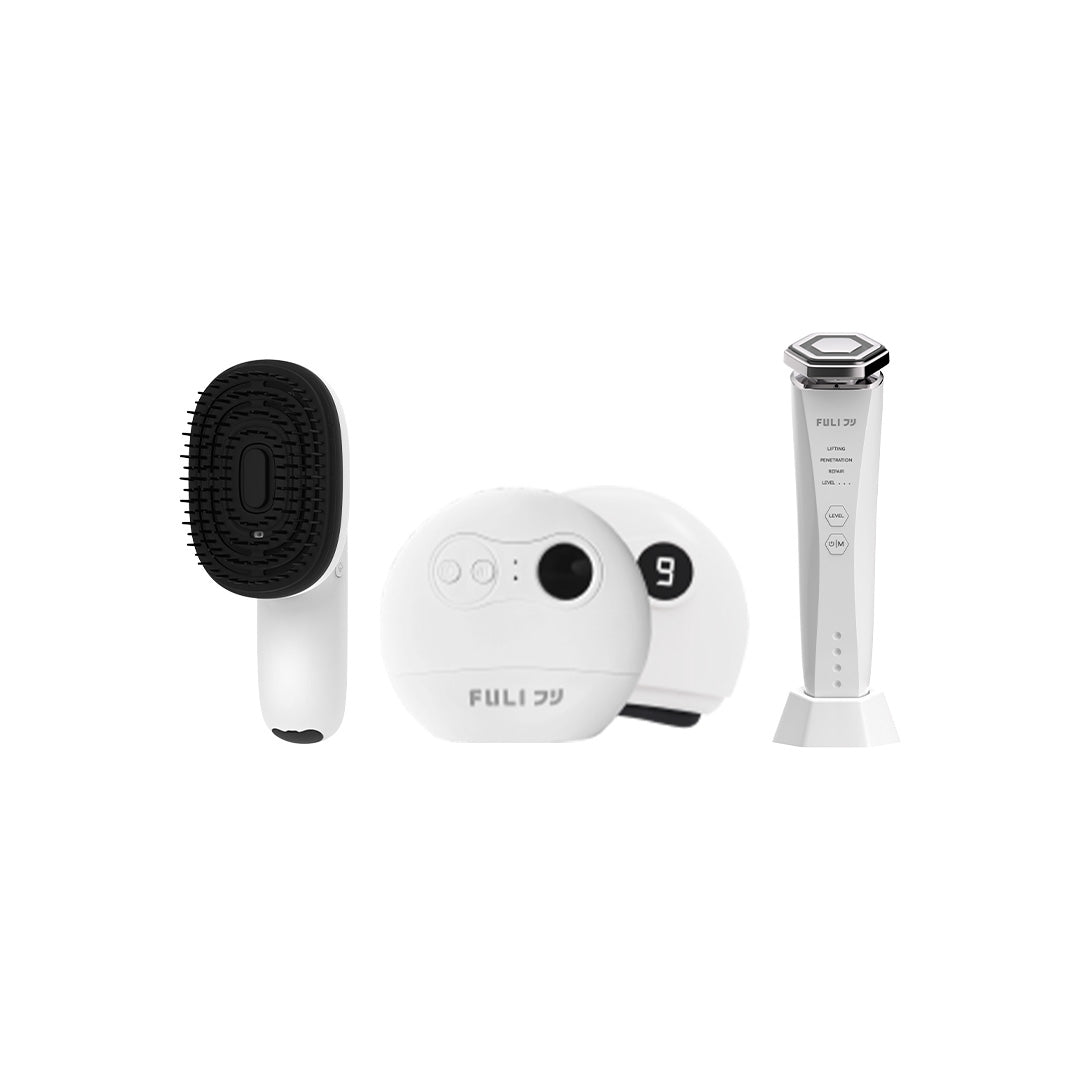 เซตรวมฮิตบิวตี้ไอเทม | FULI AromaRelax Scalp Massage Brush + FULI Natural Stone Electric Gua Sha + Re-Aging Intelligent Ultra RF/EMS Skin Tightening Device