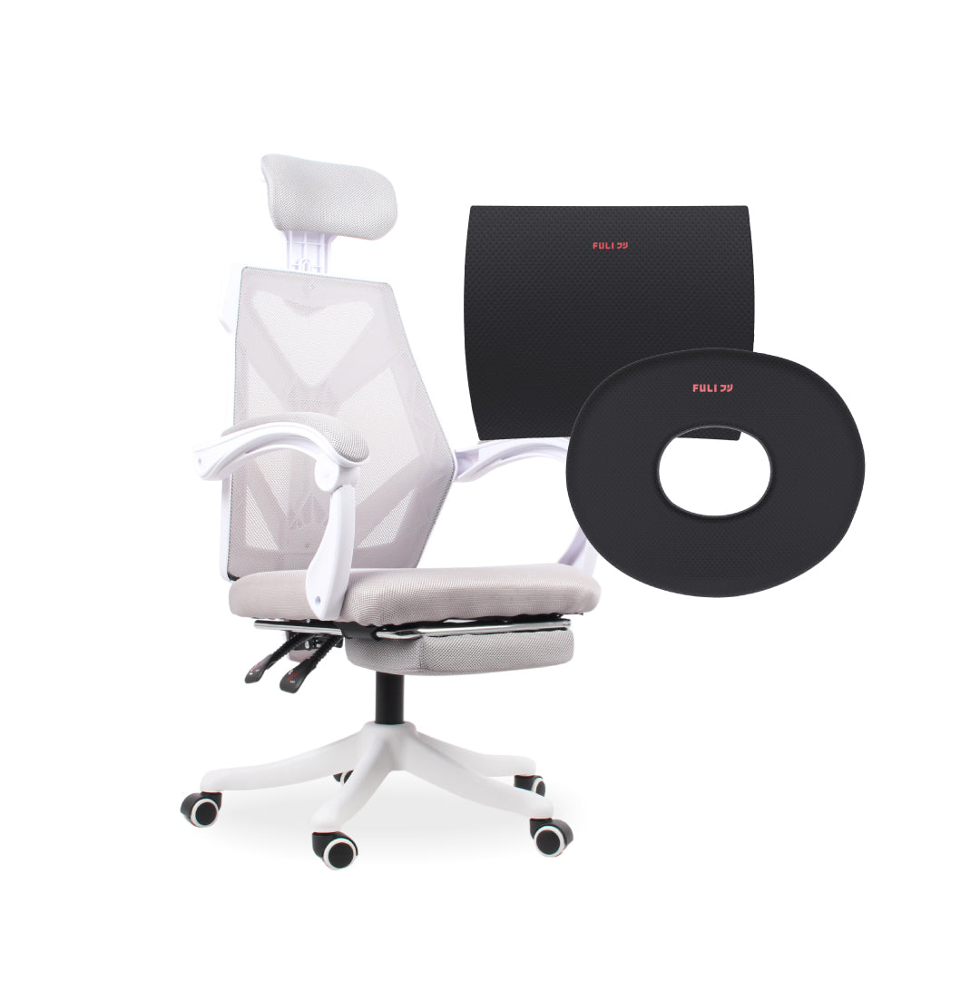เซตนั่งทำงานฟิน FULI X8 ErgoChair - White ขาว + เซตคู่สุดฟิน FULI 3Memory Foam Lumbar Support Cushion Core O Shape seat cushions