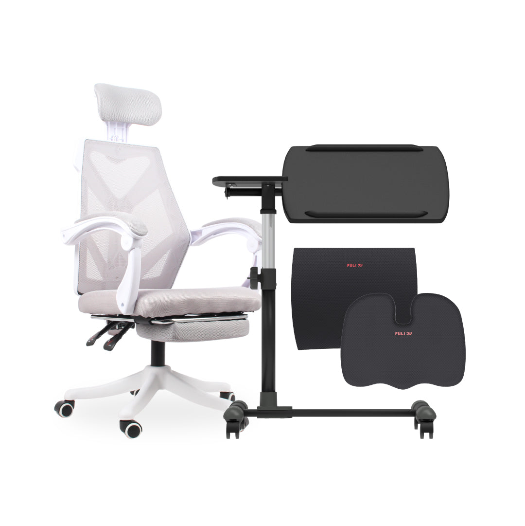 ชุดเซตทำงานเพลินสุดคุ้ม FULI X8 ErgoChair - White ขาว + 3Memory Foam Lumbar Support Cushion Core U Shape Seat Cushions + Ergonomic Adjustable Desk