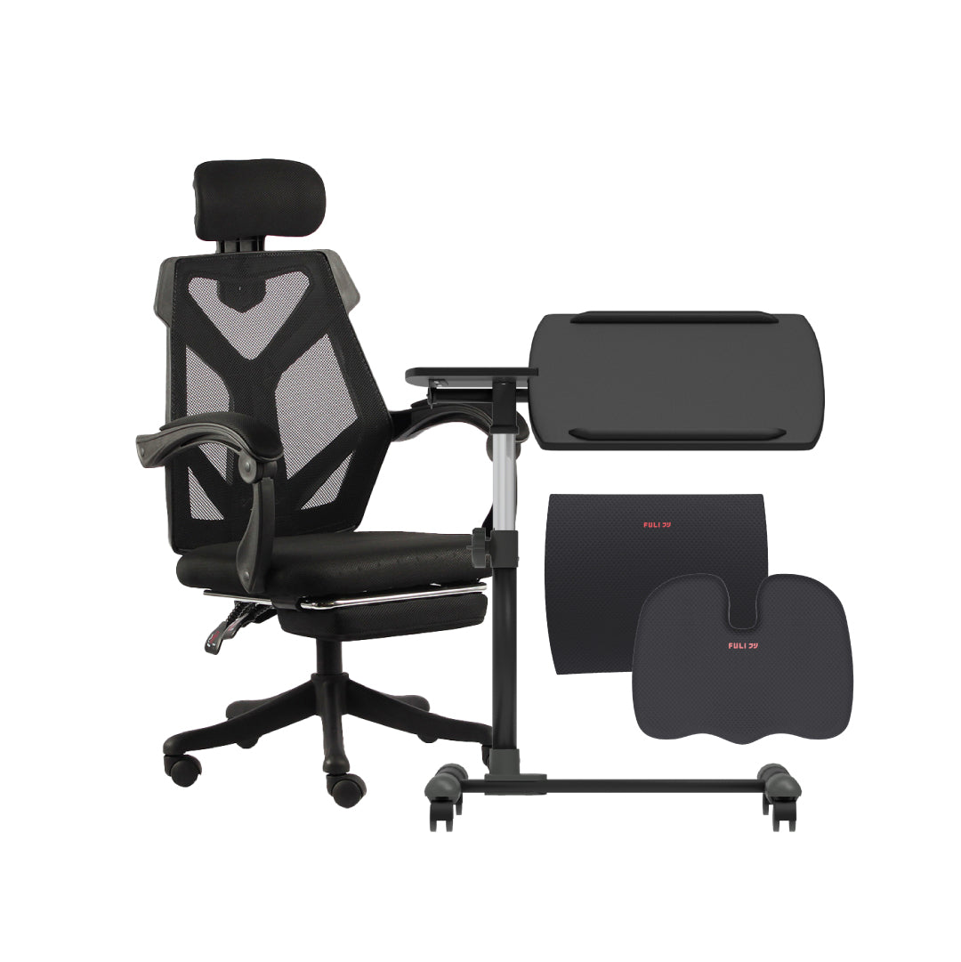 ชุดเซตทำงานเพลินสุดคุ้ม FULI X8 ErgoChair - Black ดำ + 3Memory Foam Lumbar Support Cushion Core U Shape Seat Cushions + Ergonomic Adjustable Desk