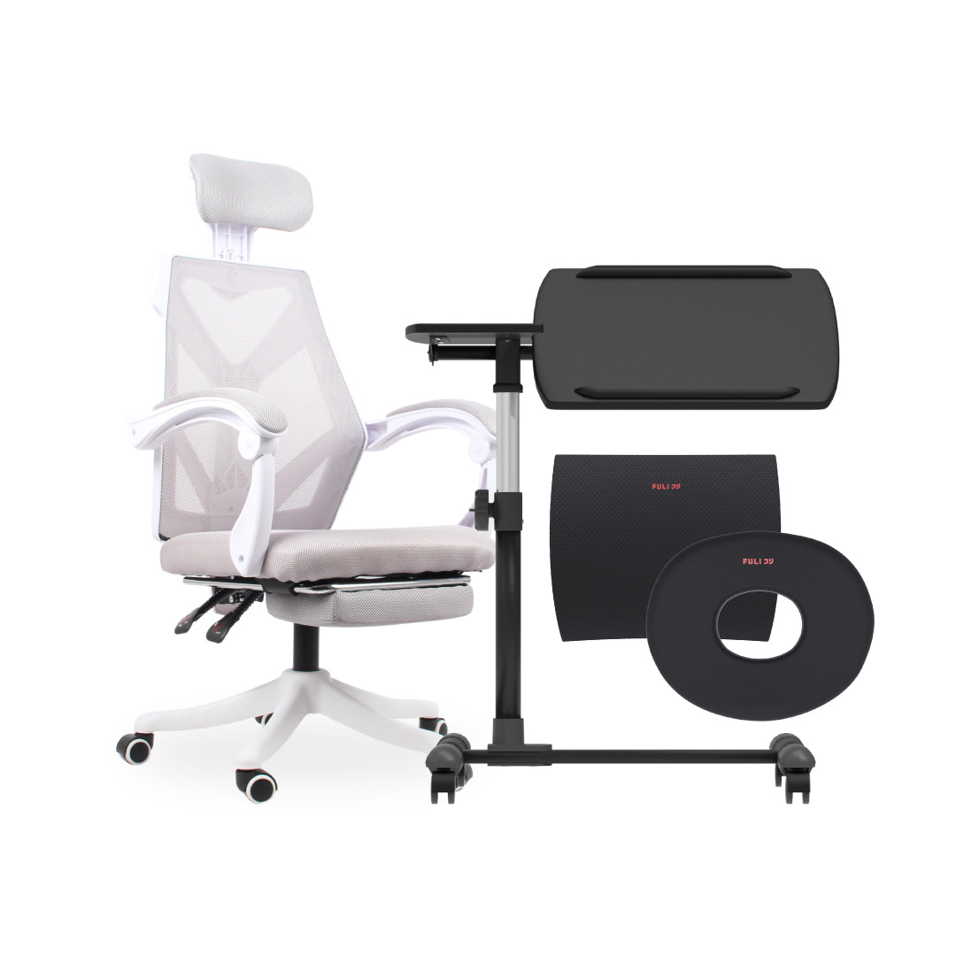 เซตทำงานฟินสุดคุ้ม FULI X8 ErgoChair - White ขาว + 3Memory Foam Lumbar Support Cushion Core O Shape Seat Cushions + Ergonomic Adjustable Desk