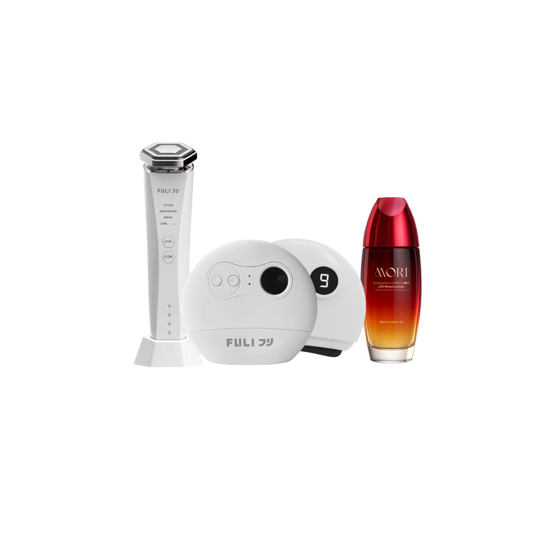 เซตผิวเด็กหน้าตึงยกกระชับ | FULI Natural Stone Electric Gua Sha + Re-Aging Intelligent Ultra RF/EMS Skin Tightening Device + MORI Astaxanthin Lift Moist Lotion