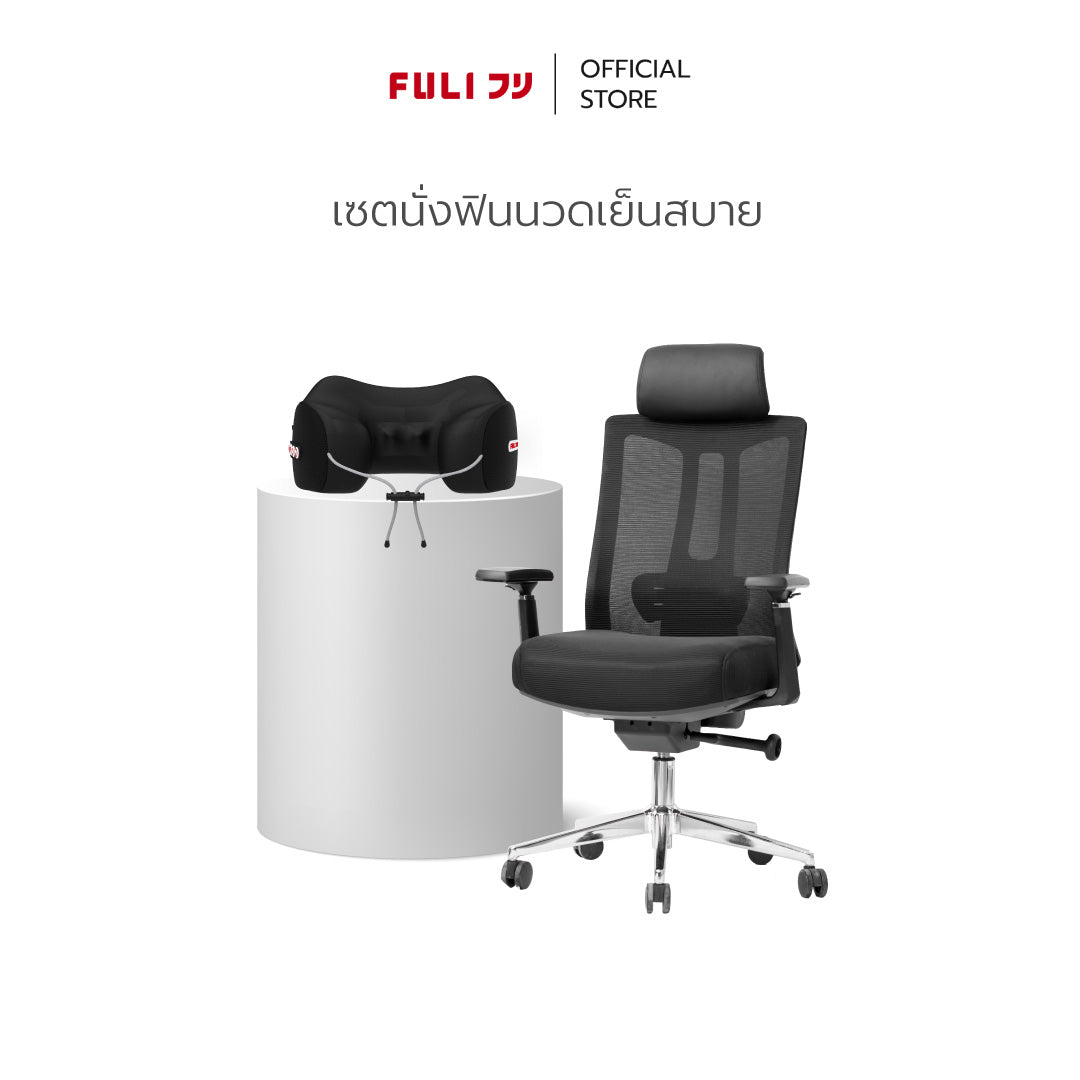 เซตนั่งฟินนวดเย็นสบาย | FULI M9 Expert Posture ErgoMesh Office Chair - Black + Cool Tech Massage Neck Pillow