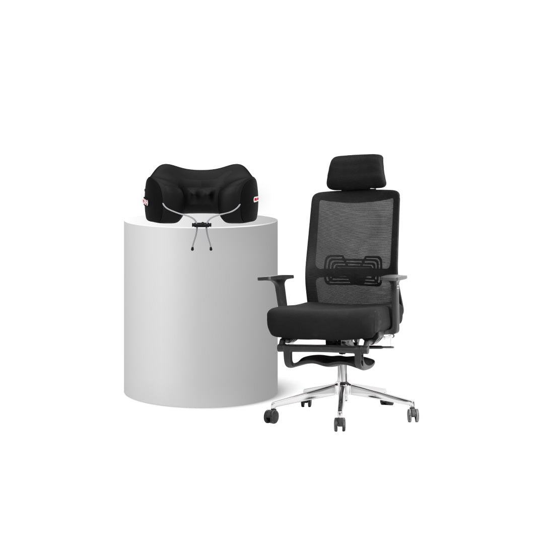 เซตนั่งเพลินนวดคอเย็นสบาย | FULI X9 Memory Foam ErgoMesh Office Chair - Black + Cool Tech Massage Neck Pillow